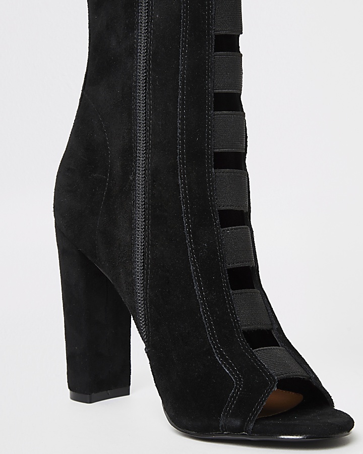 Black suede elasticated heeled ankle boots