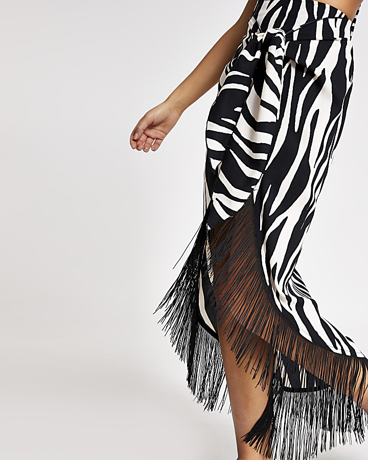 White animal print tassel wrap beach skirt