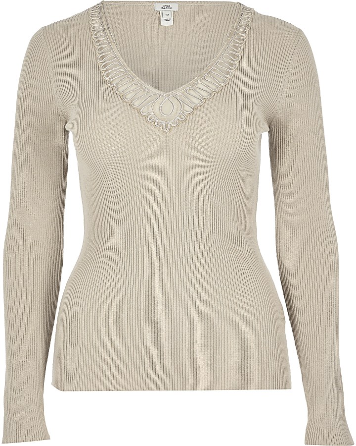 Cream embroidered V neck ribbed top