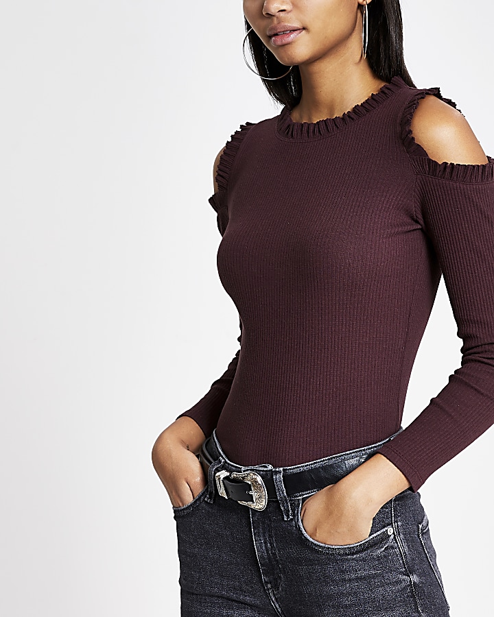 Purple frill cold shoulder rib fitted top
