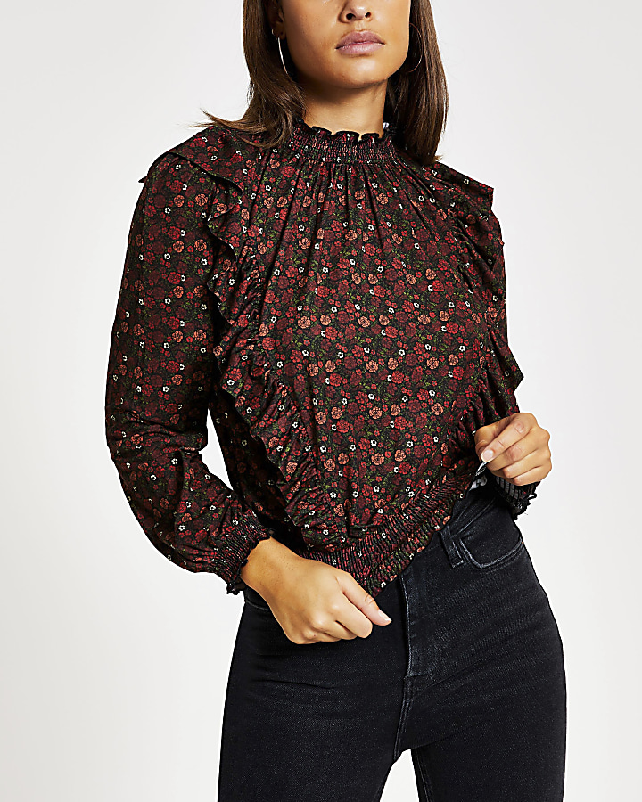 Red floral frill long sleeve shirred top