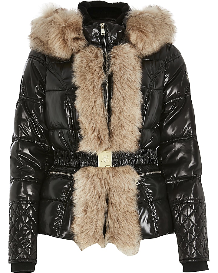 Black faux fur trim padded jacket