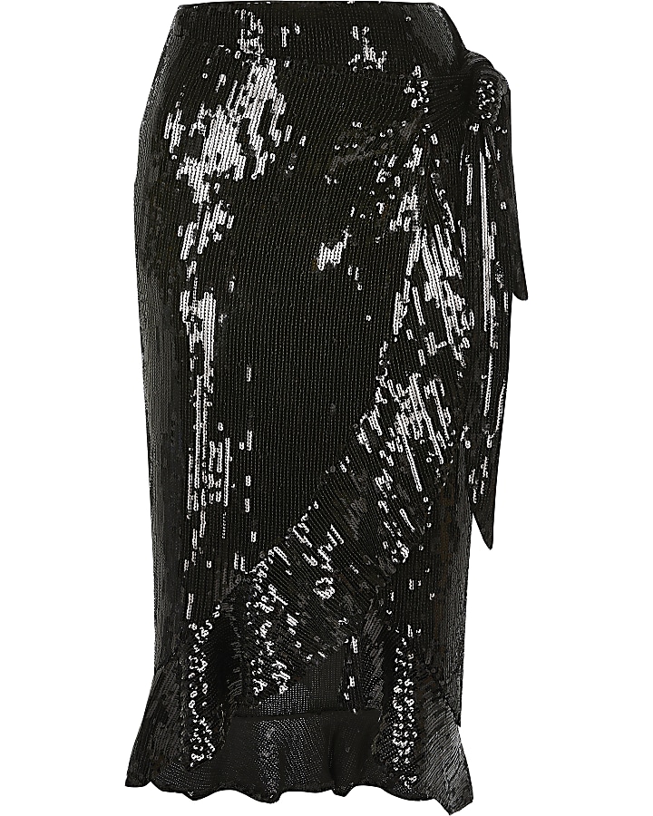 Black sequin wrap frill midi skirt
