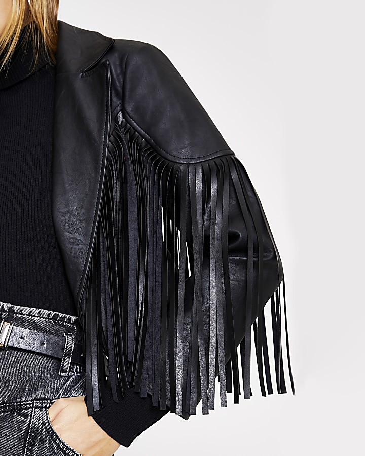 Black faux leather fringe cropped jacket