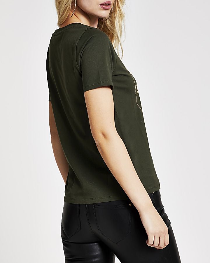Khaki printed short sleeve fitted T-shirt