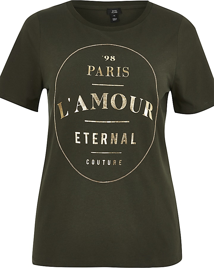 Khaki printed short sleeve fitted T-shirt