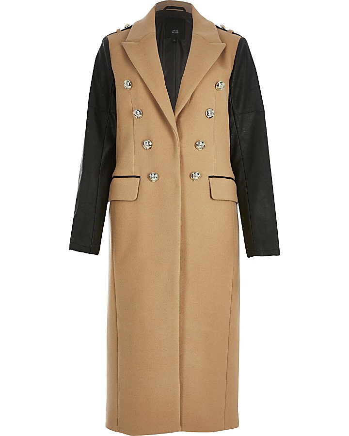 Beige faux leather sleeve longline coat