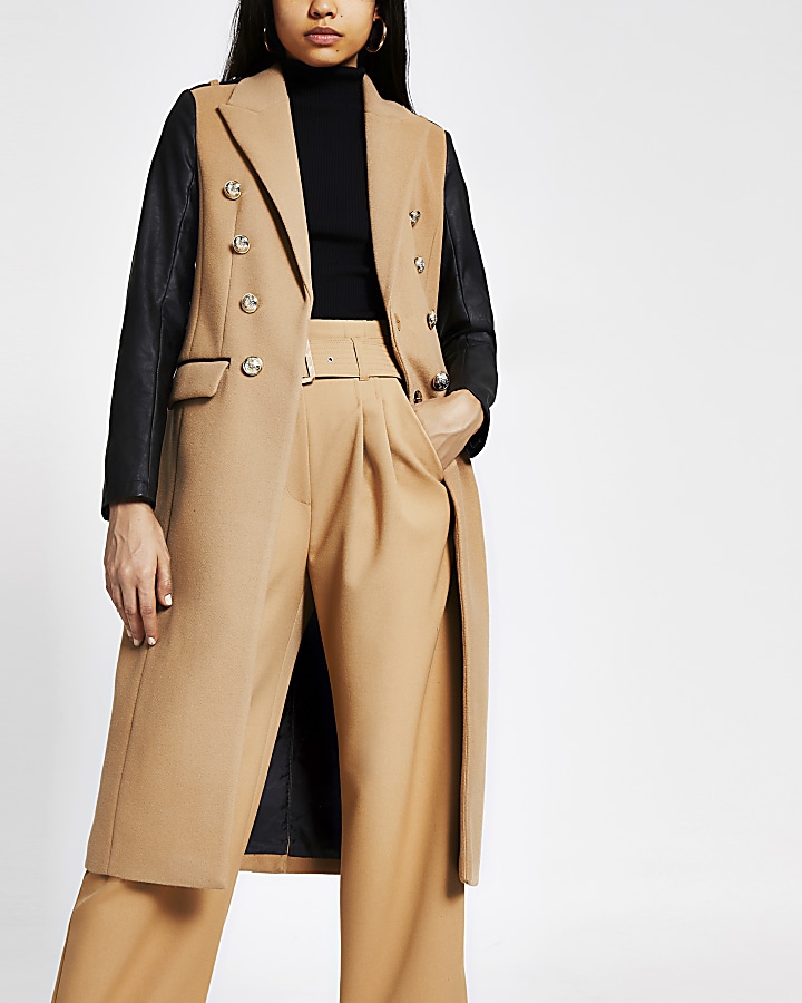 Beige faux leather sleeve longline coat