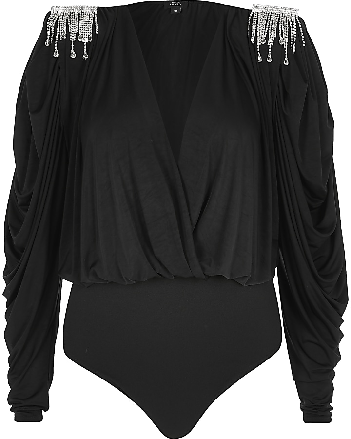 Black diamante shoulder wrap front bodysuit