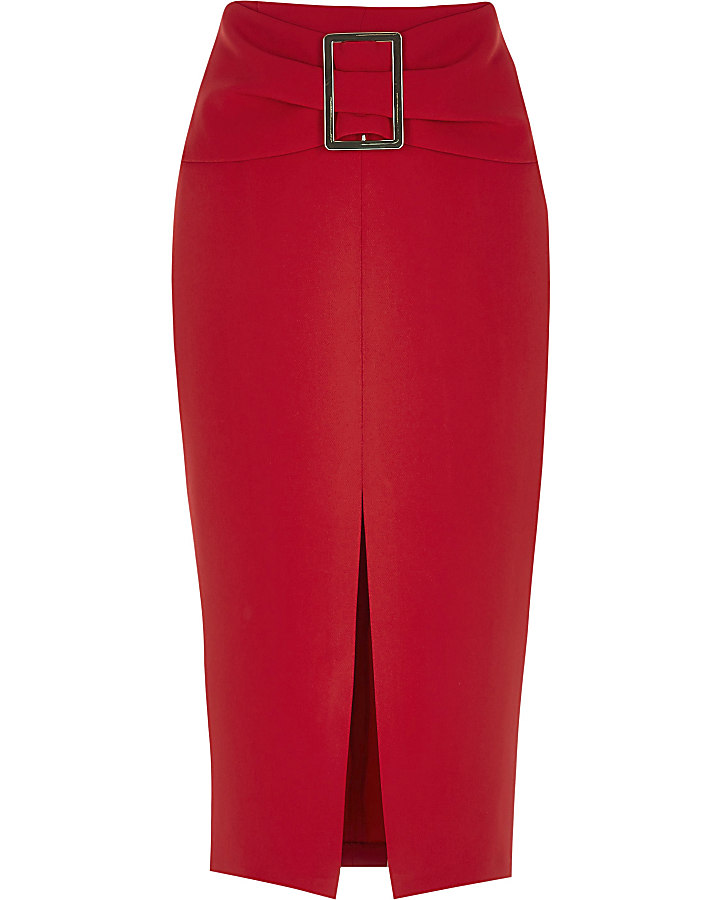 Red buckle front midi pencil skirt