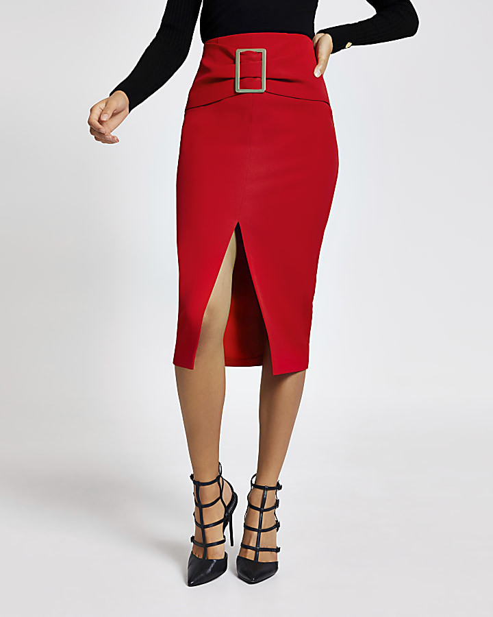 Red buckle front midi pencil skirt