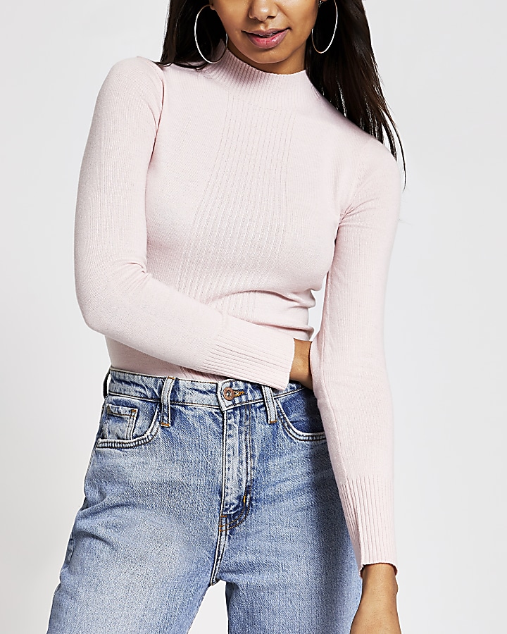 Pink ribbed front turtle neck top