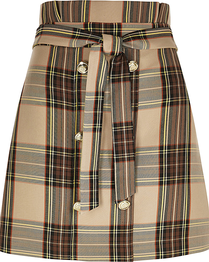 Brown check button front paperbag mini skirt