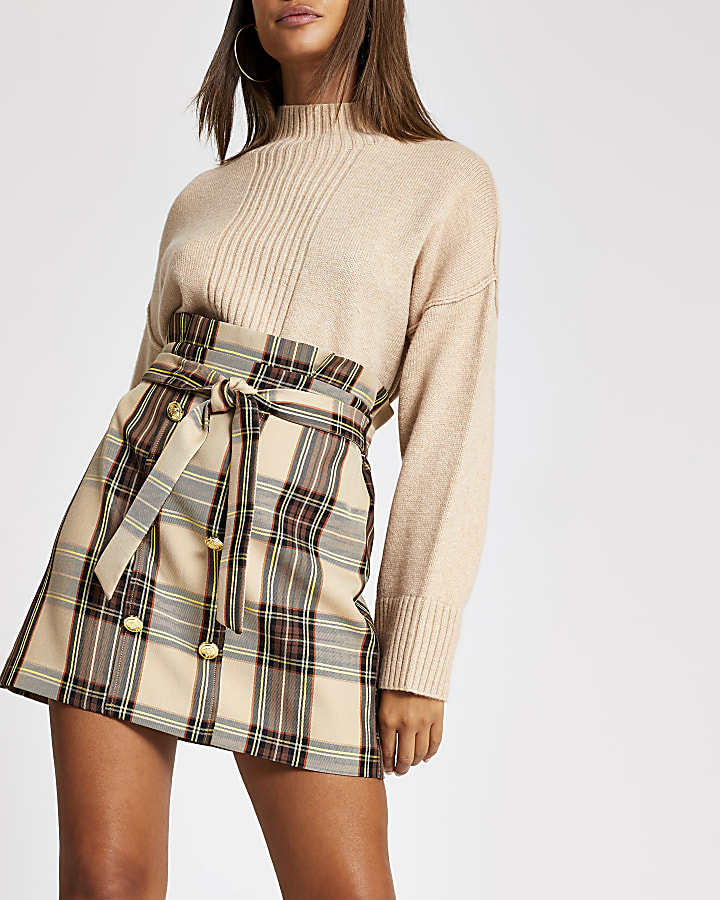 Brown check button front paperbag mini skirt