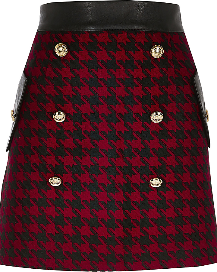Red checked boucle button mini skirt