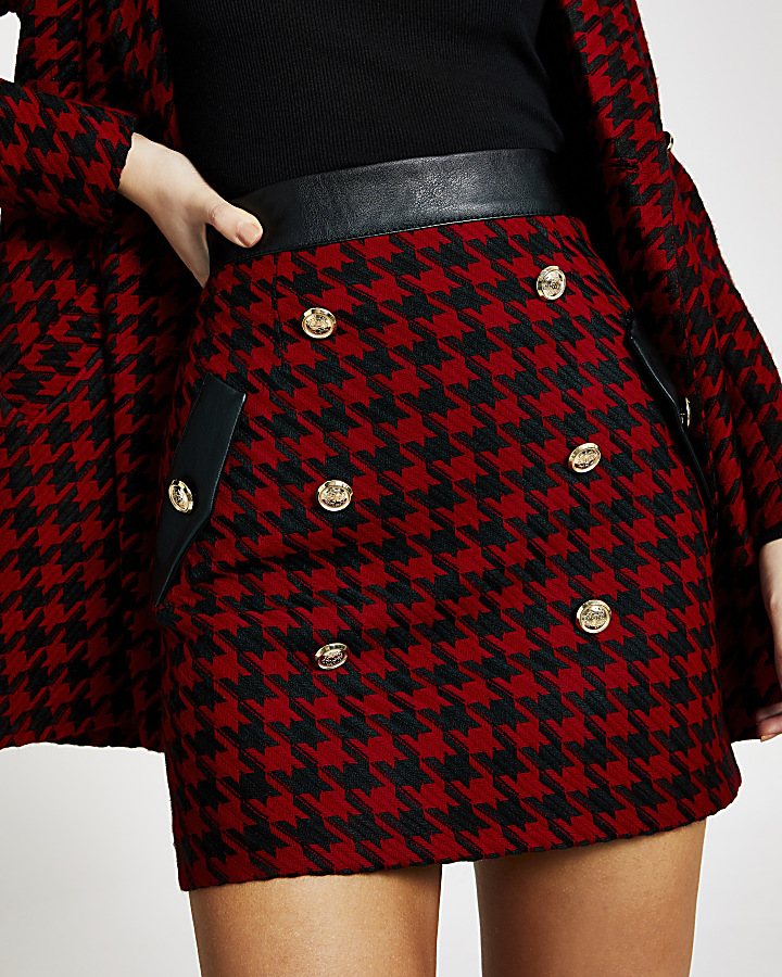 Red checked boucle button mini skirt