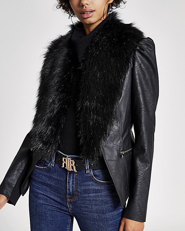 Black faux fur collar long puff sleeve jacket