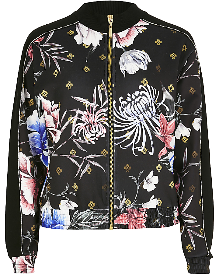 Black floral diamante zip through jacket