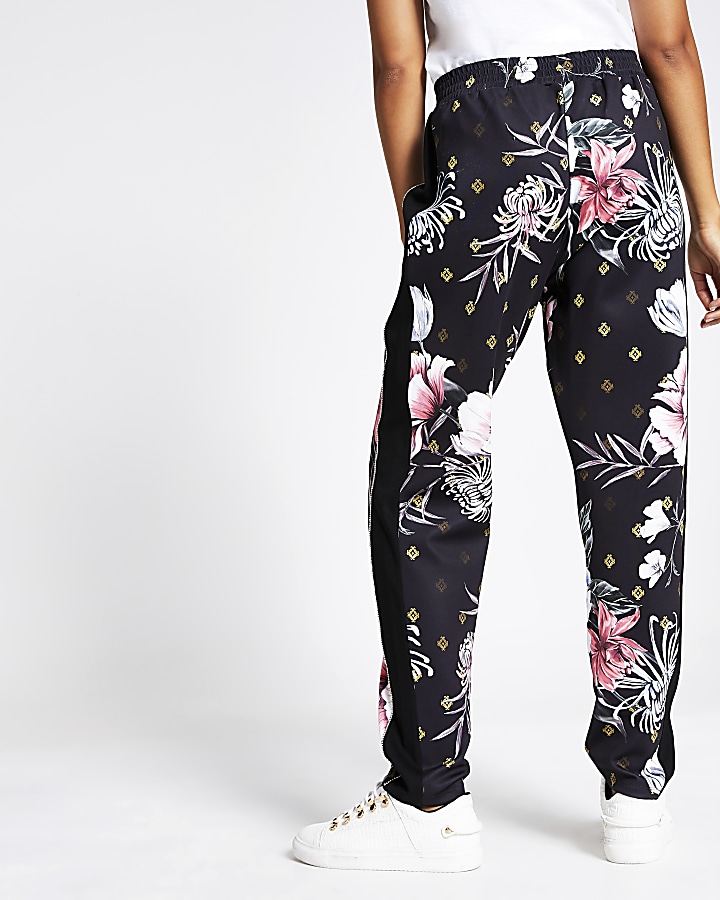 Black floral diamante side tapered joggers