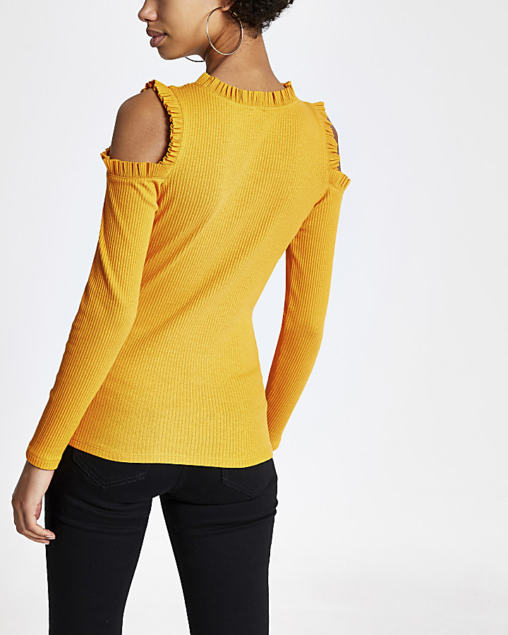 Yellow frill cold shoulder ribbed top