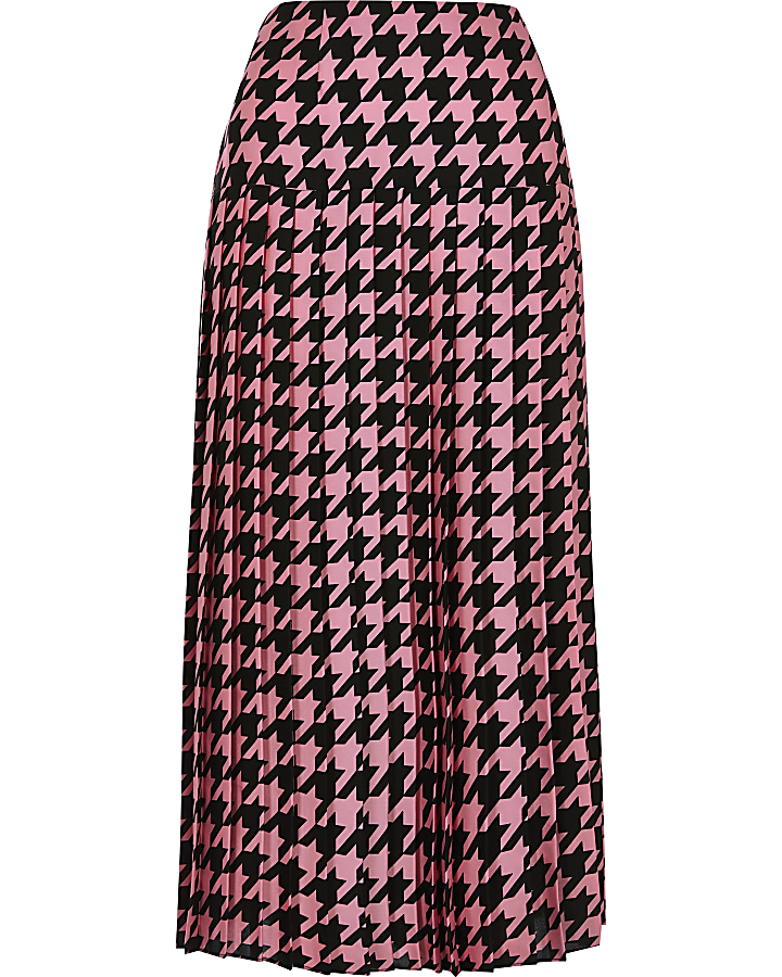 Pink houndstooth pleated midi skirt