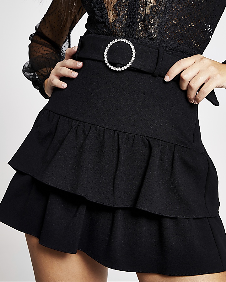 Black ruffle diamante belted mini skirt