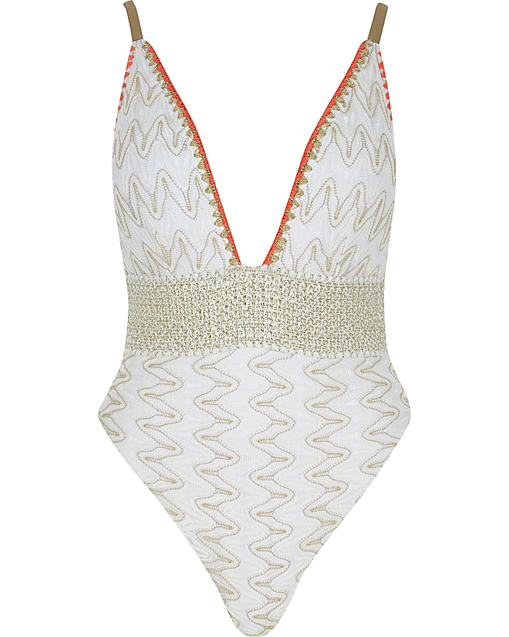 White zip-zag embroidered plunge swimsuit