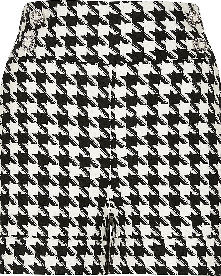 Black houndstooth high rise button shorts