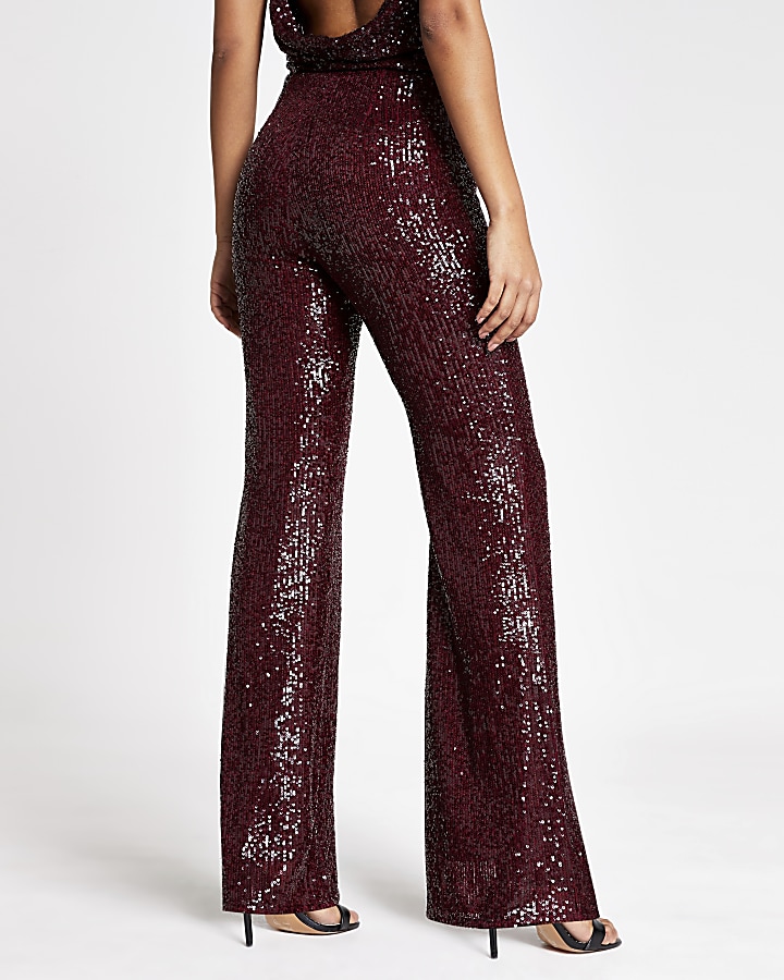 Dark red sequin embellished flare trousers