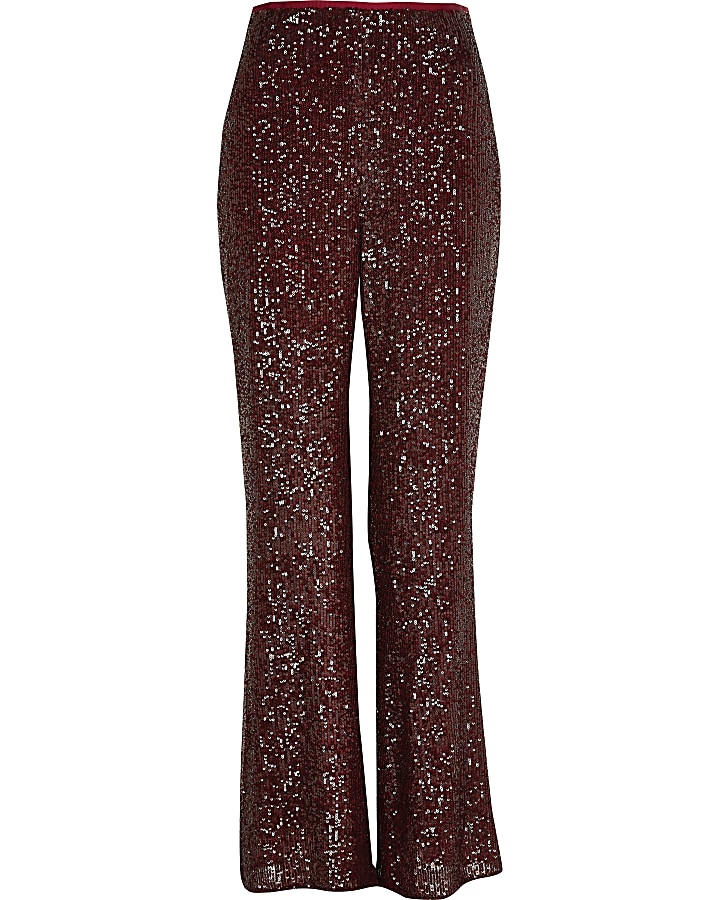 Dark red sequin embellished flare trousers