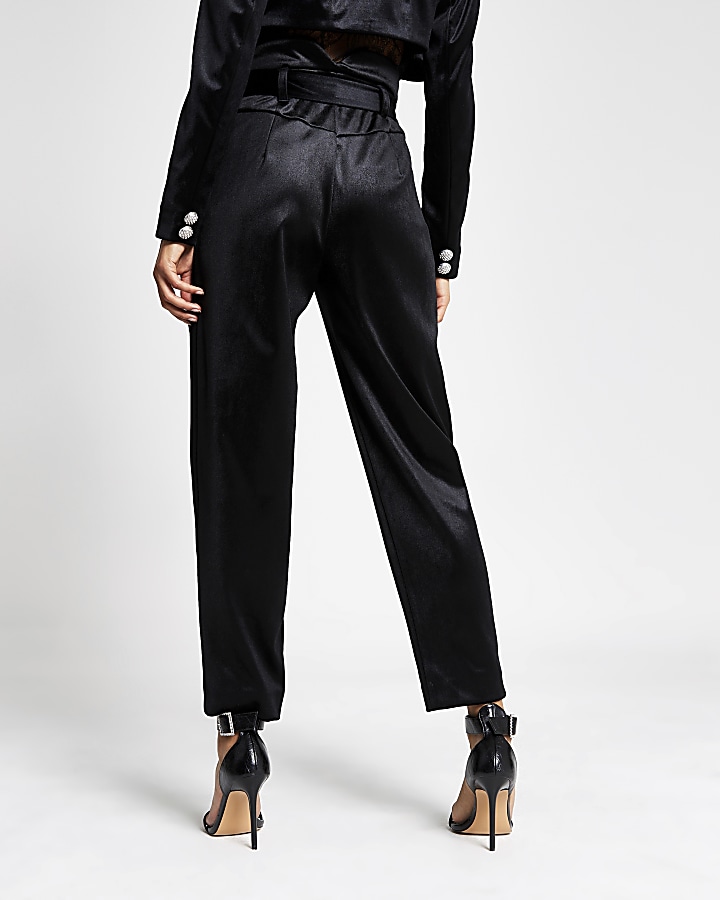 Black velvet high waisted belted trousers