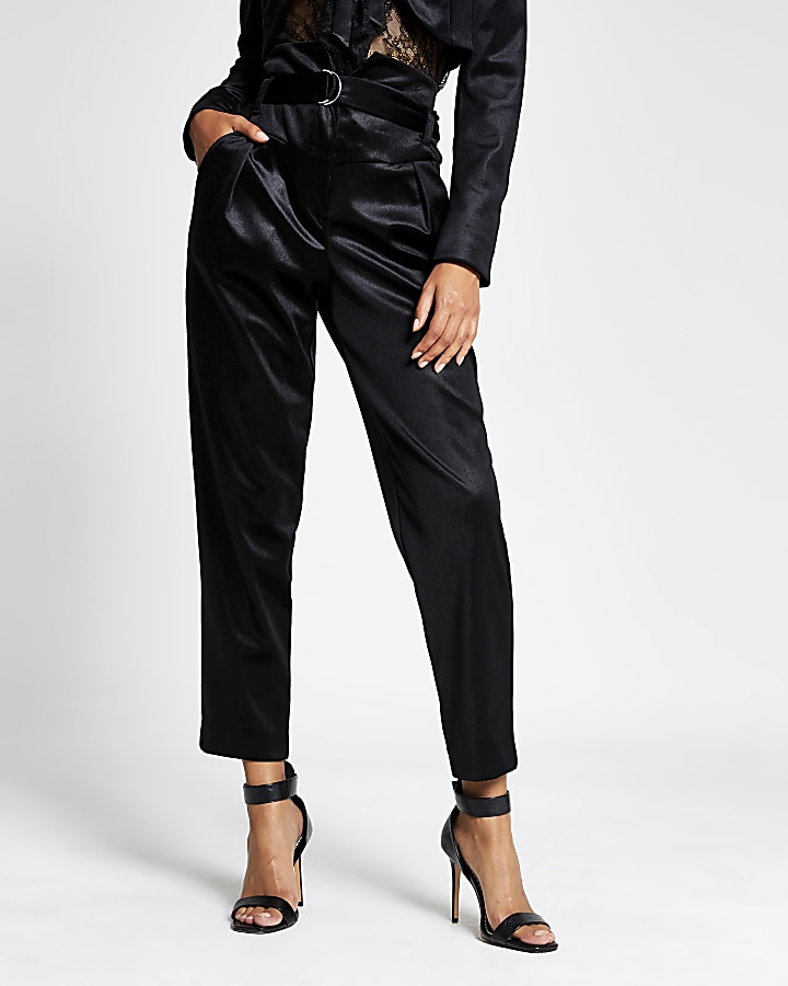 Black velvet high waisted belted trousers