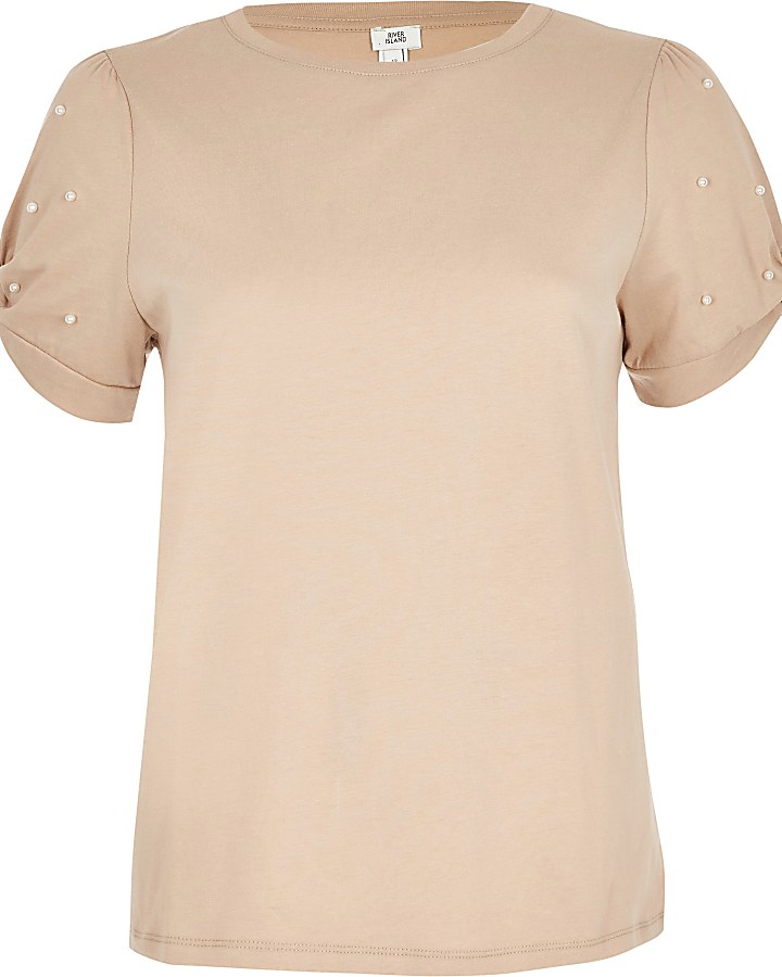 Beige embellished knot sleeve fitted T-shirt