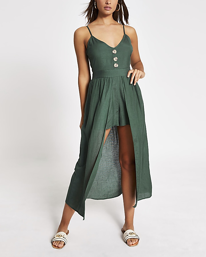 Green button front fitted beach playsuit