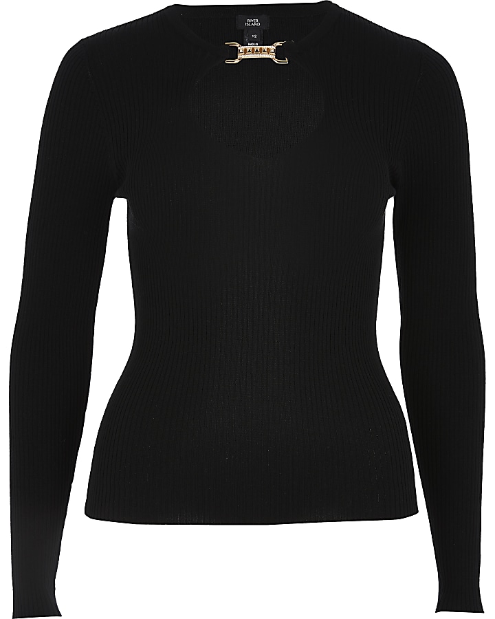 Black embellished clasp cut out knitted top