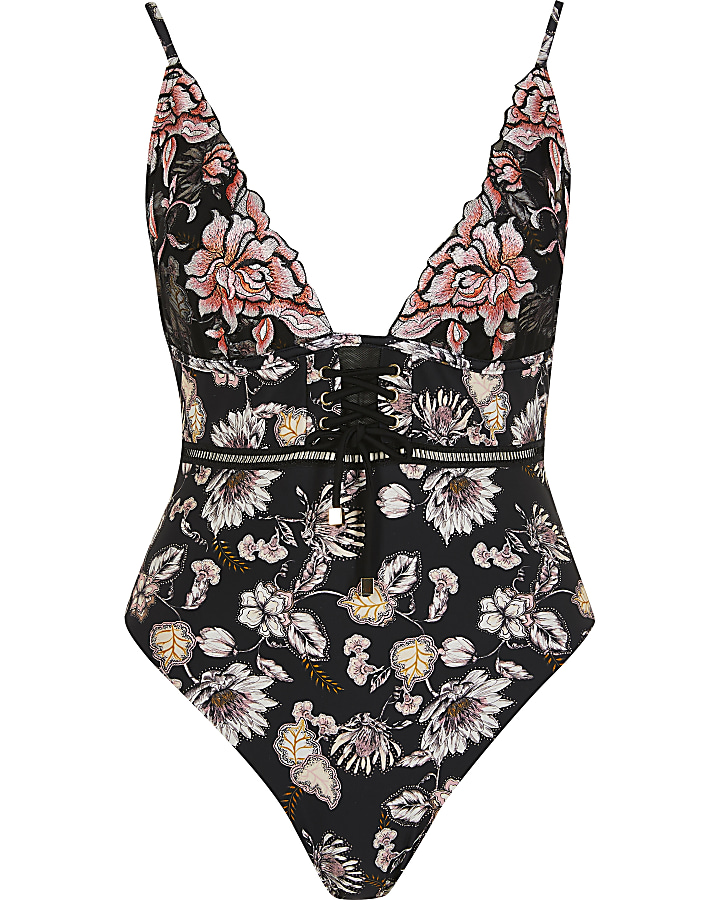 Black floral lace-up plunge swimsuit