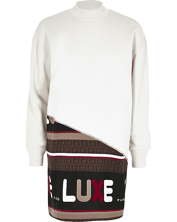 Cream 'Luxe' block printed sweatshirt dress