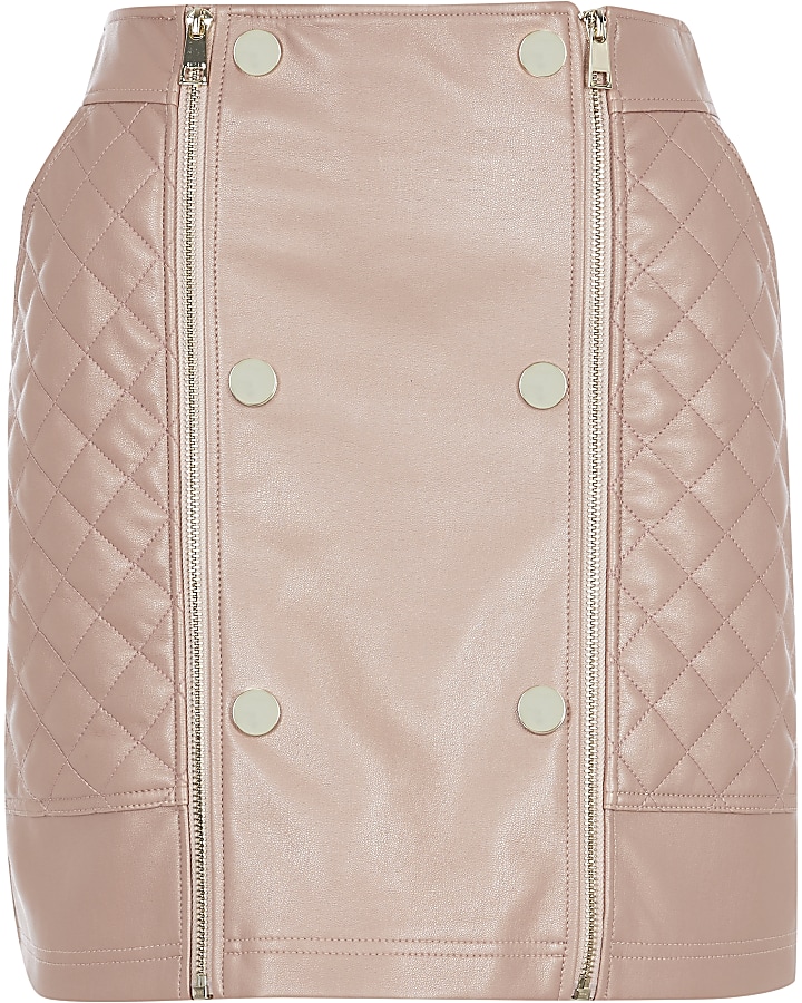 Pink faux leather quilted zip mini skirt