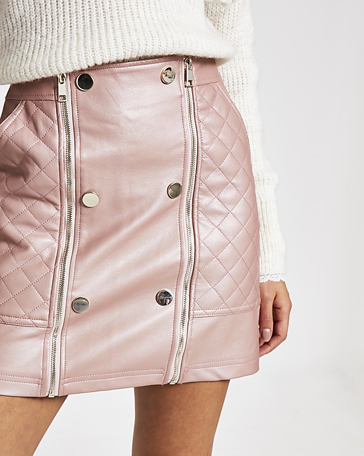 Pink faux leather quilted zip mini skirt