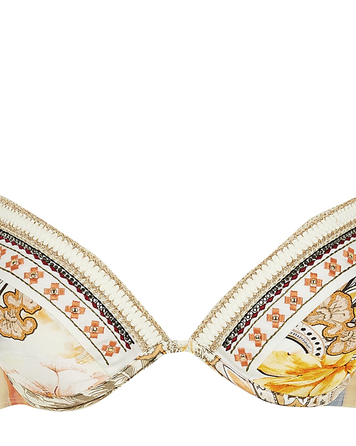 Cream paisley embellished plunge bikini top