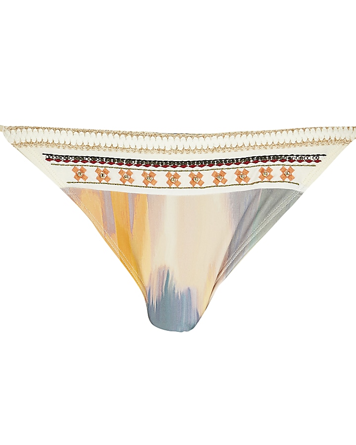 Cream embellished tie side bikini bottoms