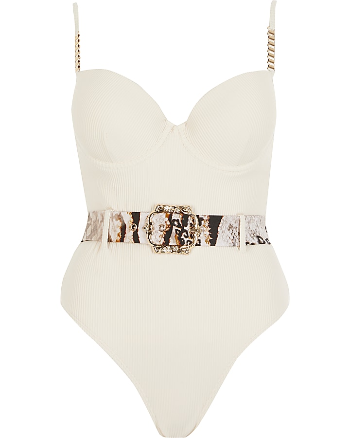 Cream belted plunge ribbed swimsuit