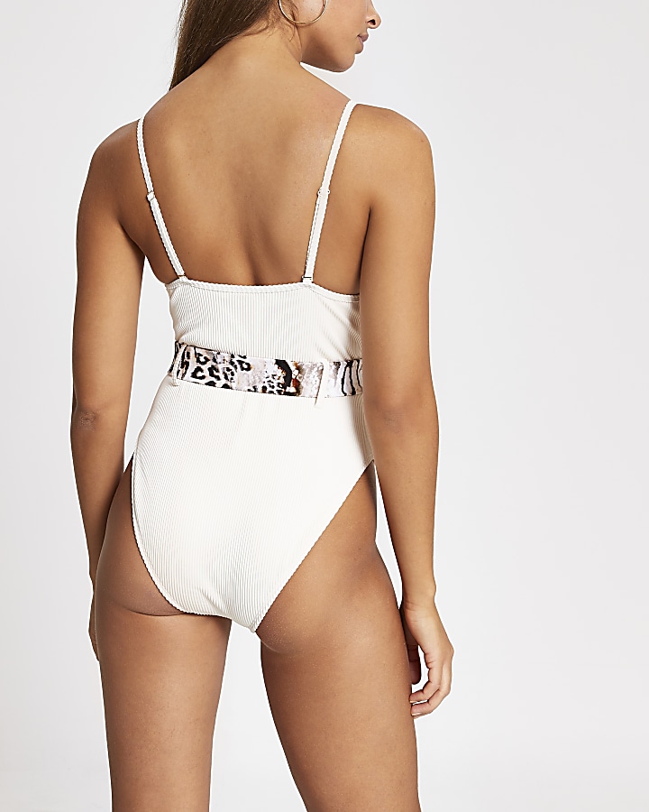 Cream belted plunge ribbed swimsuit