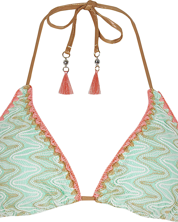 Green embroidered triangle bikini top