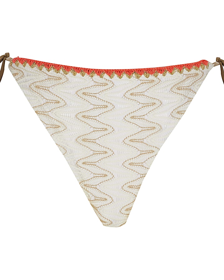 White embroidered tie side bikini bottoms