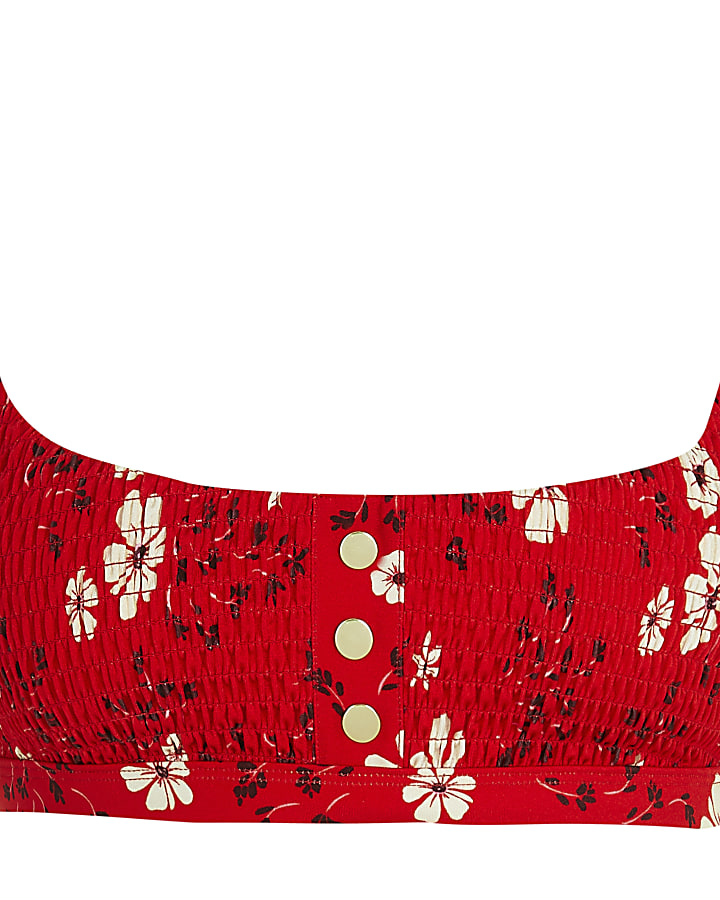 Red floral shirred bikini top