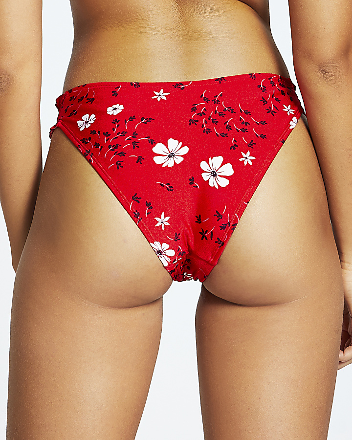 Red floral shirred side bikini bottoms