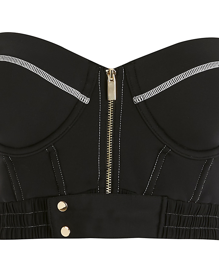 Black half zip stitch balconette bikini top