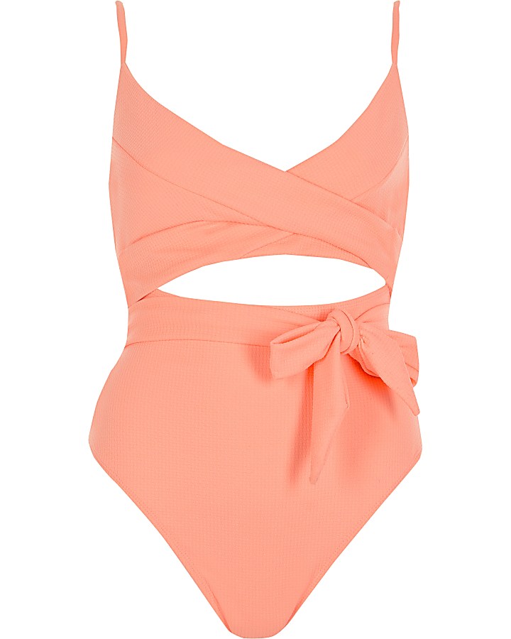 Coral textured wrap tie cutout swimsuit