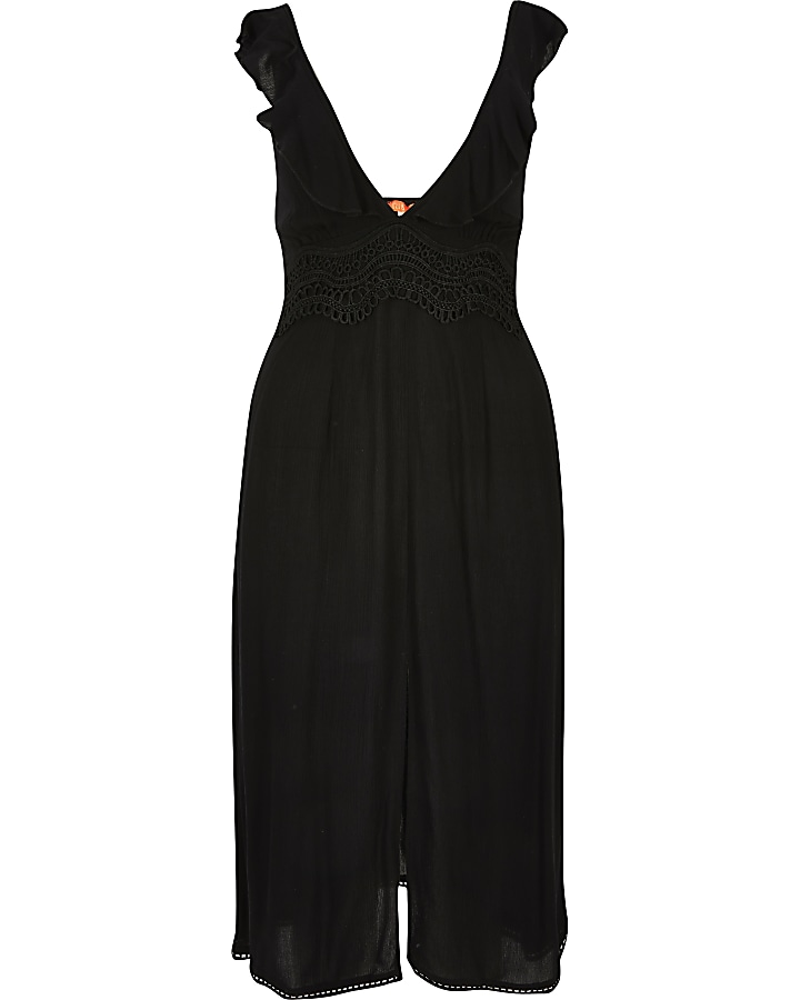 Black lace frill plunge midi beach dress
